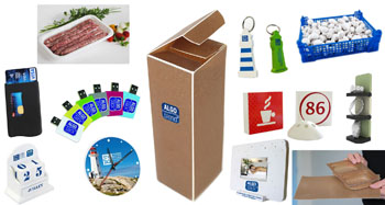 Produits d'Algopack : embalatge, claus USB, pòrta-claus, barqueta, presentadors, estug de carta blava, pendula...